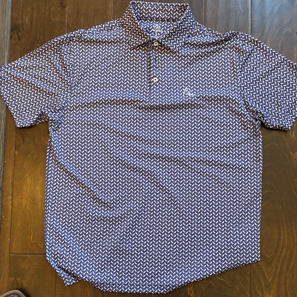 Rhoback The Sit Men’s Performance Golf Polo Shirt All Over Dog Print Purple Sz L
